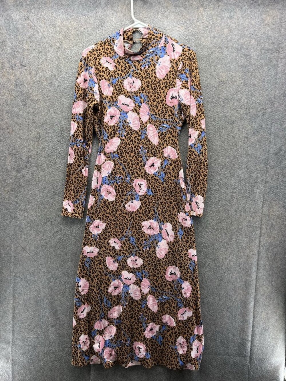 Free People Dress Womens XS Brown Mock Neck Long Sleeve Floral Animal Sheath